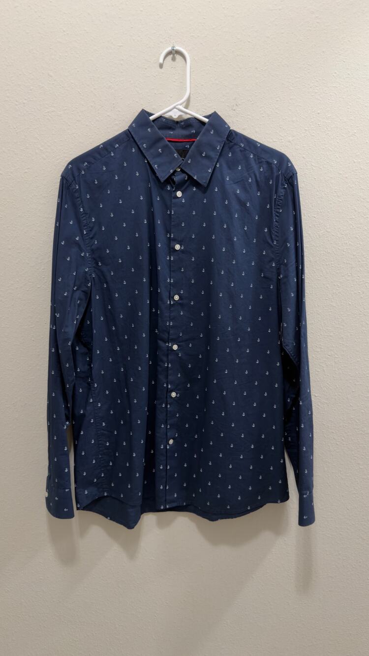 H&M Men's Long Sleeve Button-Down Shirt - Navy Anchor Print Size Large